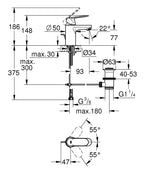 Grohe Lavabo Bataryası Eurosmart Cosmo S-Boyut Krom - 3282500E teknik çizim