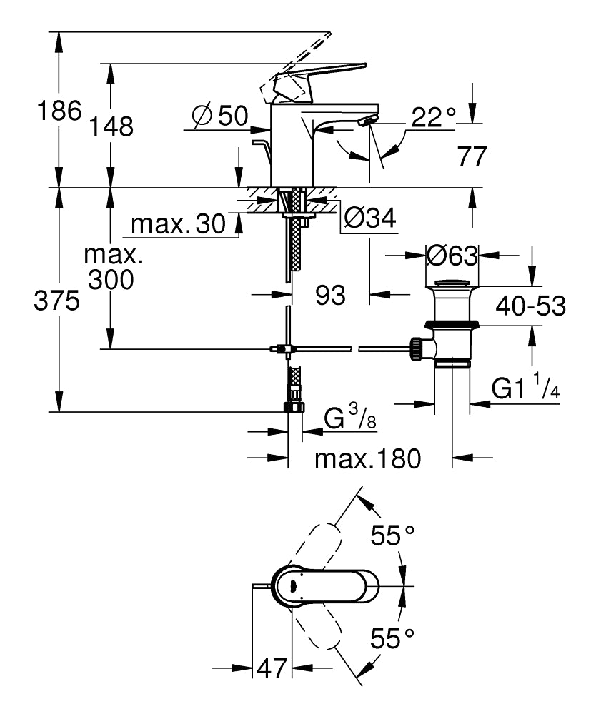 Grohe Lavabo Bataryası Eurosmart Cosmo S-Boyut Krom - 3282500E teknik çizim