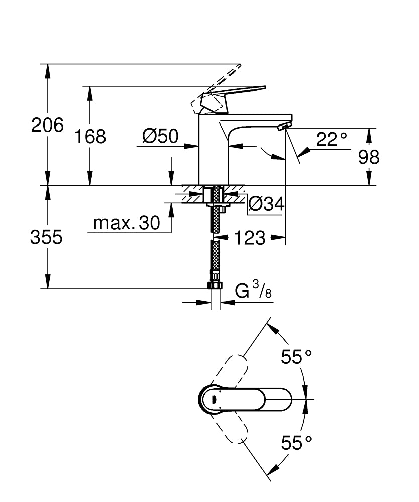 Grohe Lavabo Bataryası Eurosmart Cosmo M-Boyut Krom - 23327000 teknik çizim