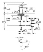 Grohe Lavabo Bataryası Eurosmart Cosmo S-Boyut Krom - 2337700E teknik çizim