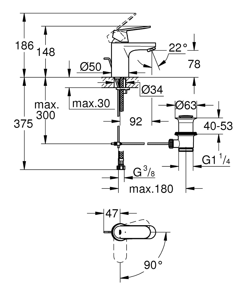 Grohe Lavabo Bataryası Eurosmart Cosmo S-Boyut Krom - 2337700E teknik çizim