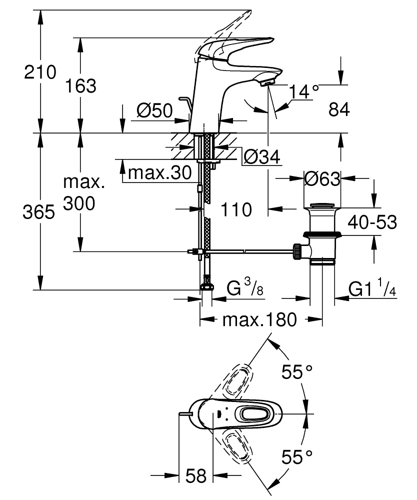 Grohe Lavabo Bataryası Eurostyle S-Boyut Krom - 33558003 teknik çizim