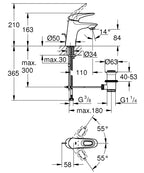 Grohe Lavabo Bataryası Eurostyle S-Boyut Krom - 33558003 teknik çizim