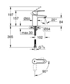Grohe Eurostyle CosmopolitanLavabo bataryası 1/2" S-Boyut teknik çizim