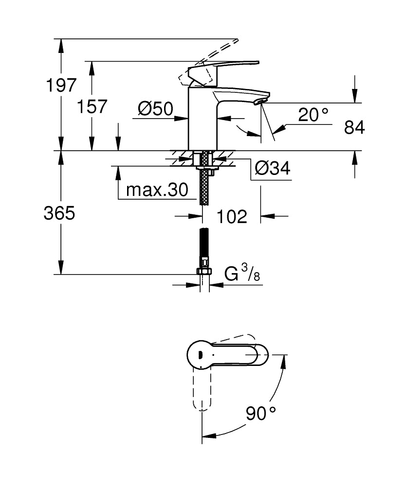 Grohe Eurostyle CosmopolitanLavabo bataryası 1/2" S-Boyut teknik çizim