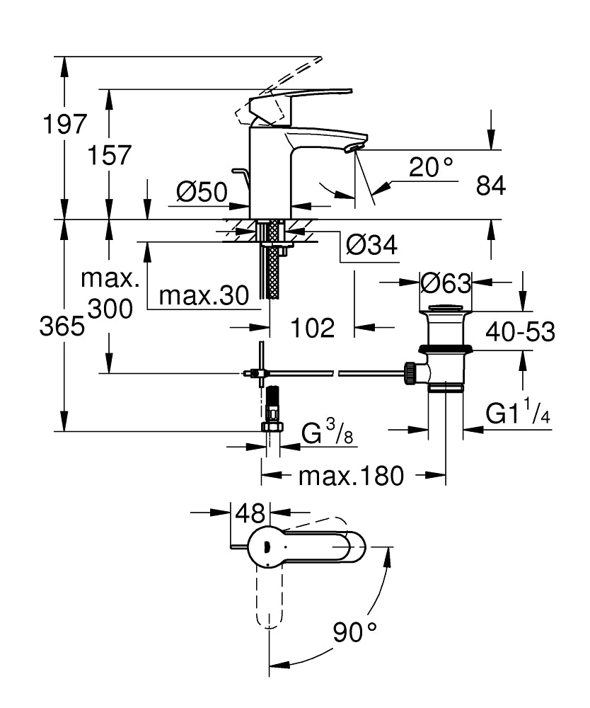 Grohe Lavabo Bataryası Eurostyle Cosmo S-Boyut Krom - 2337420E teknik çizim