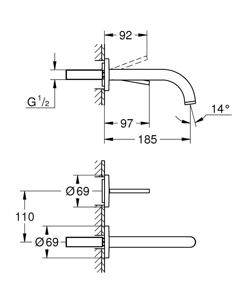Grohe Lavabo Bataryası İki Delikli Duvardan Atrio Krom - 29410000 teknik çizim