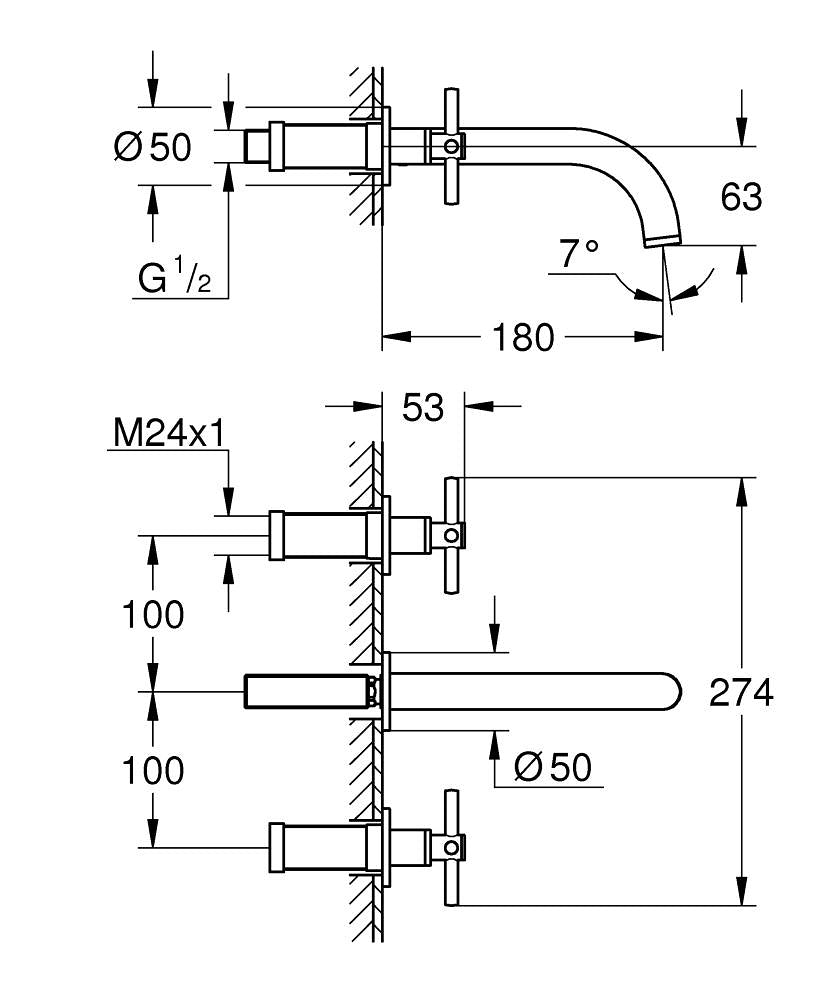 Grohe Atrio3 Delikli Duvardan Lavabo Bataryası M Boyut - 20661000 teknik çizim