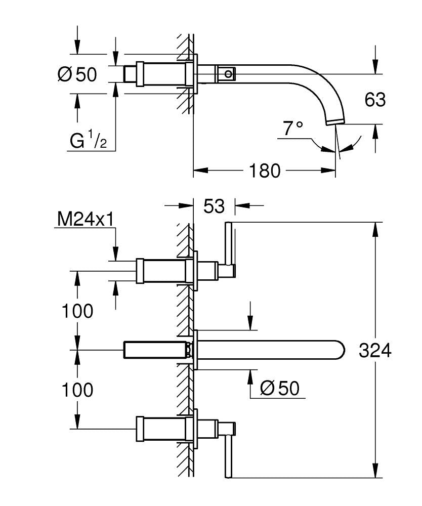 Grohe Atrio 3 Delikli Duvardan Lavabo Bataryası M-Boyut Krom – 20662000 teknik çizim