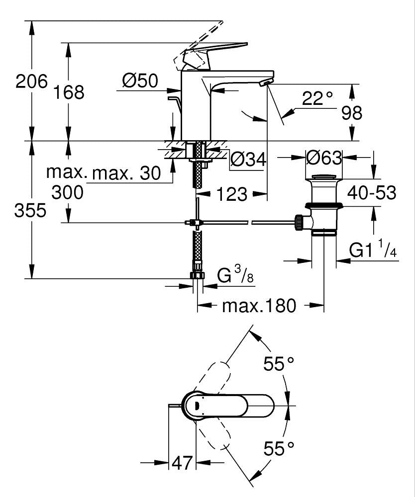 Grohe Lavabo Bataryası Eurosmart Cosm M-Boyut Krom - 23325000 teknik çizim