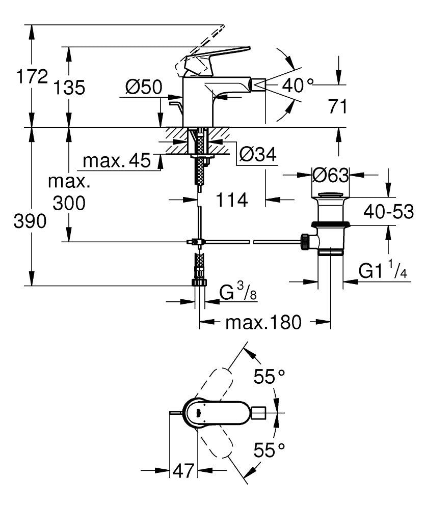 Grohe Eurocosmo Tek Kumandalı Bide Bataryası - 32839000 teknik çizim