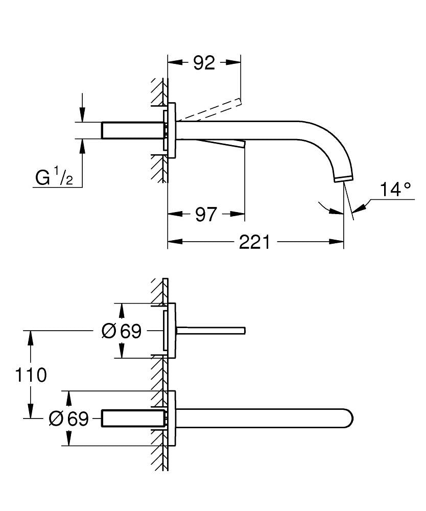 Grohe Lavabo Bataryası İki Delikli Duvardan Atrio Warm Sunset - 29406DA0 teknik çizim