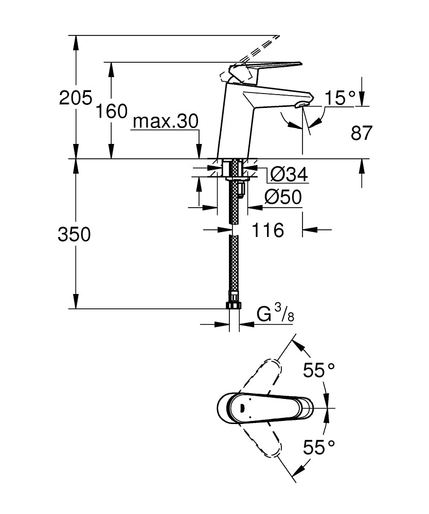 Grohe Eurodisc  Cosmopolitan Tek Kumandalı Lavabo Bataryası  S- Boyut - 3246920E teknik çizim