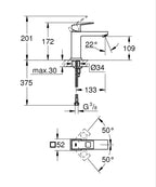 Grohe Lavabo Bataryası Eurocube M-Boyut Krom - 23446000 teknik çizim