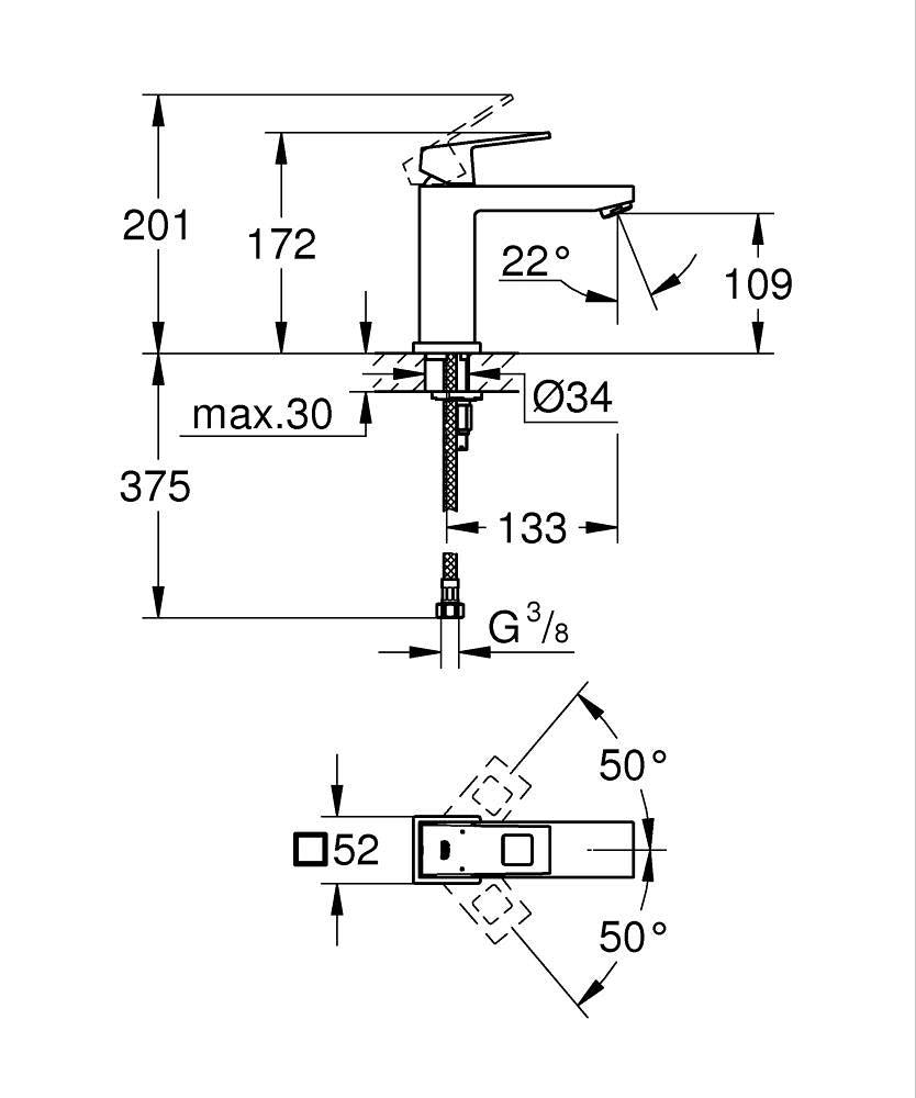 Grohe Lavabo Bataryası Eurocube M-Boyut Krom - 23446000 teknik çizim