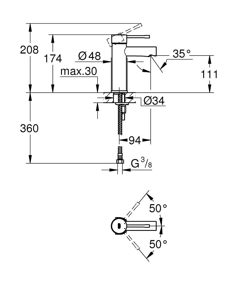 Grohe Lavabo Bataryası Essence S-Boyut Krom - 34294001 teknik çizim