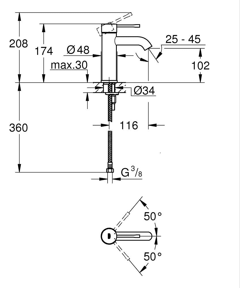 Grohe Essence Tek Kumandalı Lavabo Bataryası S Hard Graphite - 24172A01 teknik çizim