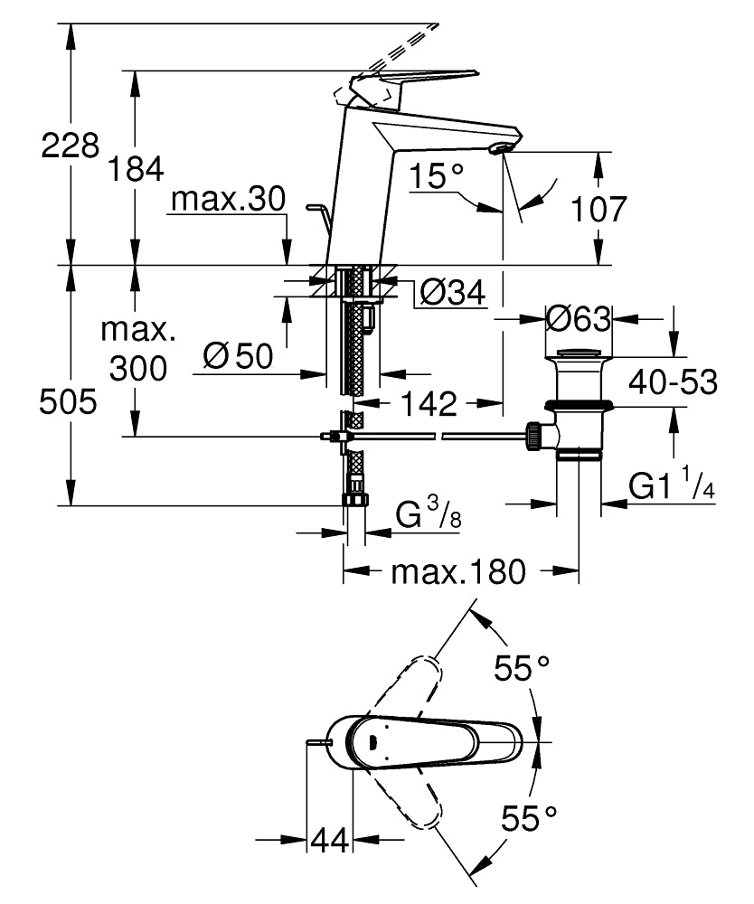 Grohe Lavabo Bataryası Eurodisc Cosmo M-Boyut Krom - 23448002 teknik çizim