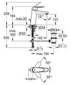 Grohe Lavabo Bataryası Eurodisc Cosmo M-Boyut Krom - 23448002 teknik çizim