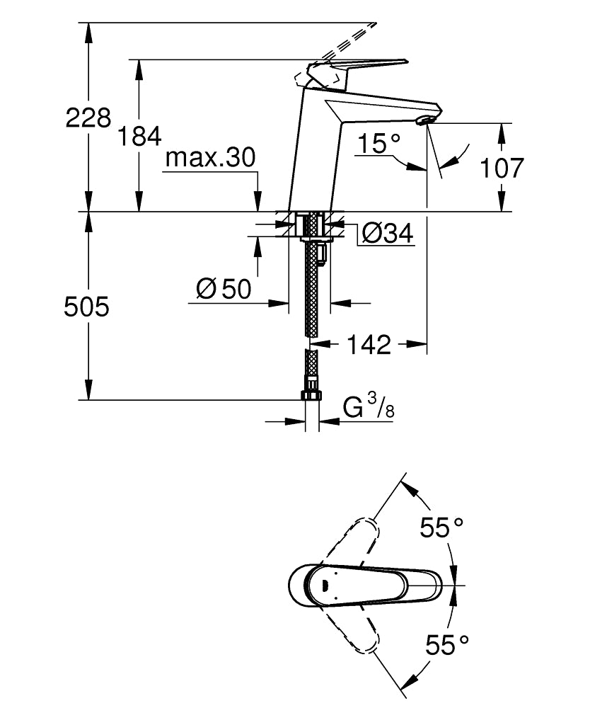 Grohe Eurodisc Cosmopolitan Tek Kumandalı Lavabo Bataryası 
M-Boyut - 23449002 teknik çizim