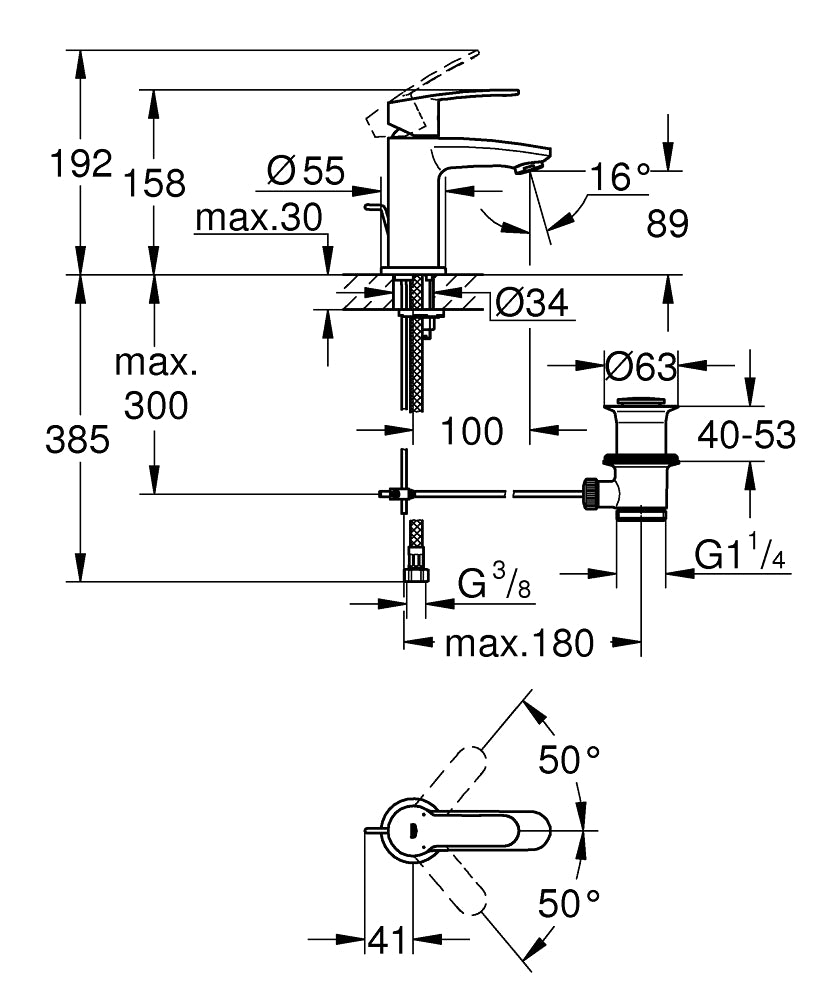 Grohe Eurostyle  Cosmopolitan Tek Kumandalı Lavabo Bataryası  S- Boyut - 23037002 teknik çizim