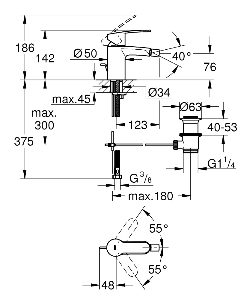 Grohe Eurostyle Cosmopolitan Tek Kumandalı Bide Bataryası - 33565002 teknik çizim