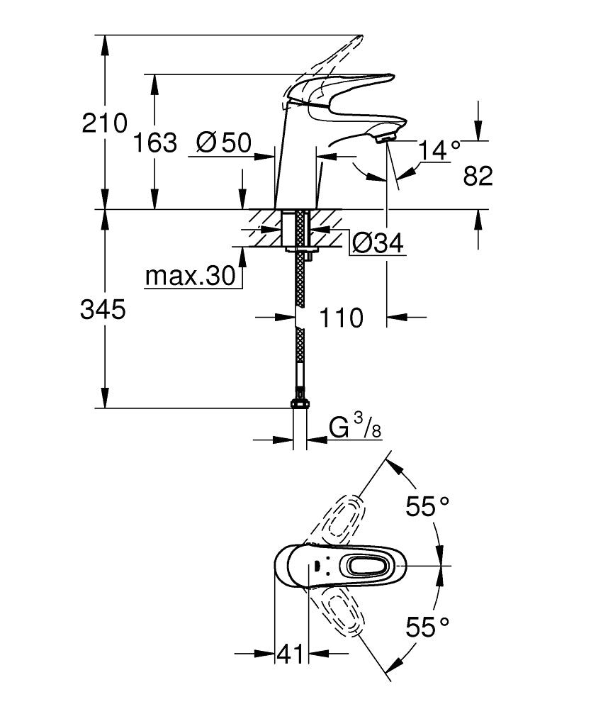 Grohe Lavabo Bataryası Eurostyle S-Boyut Krom - 32468003 teknik çizim