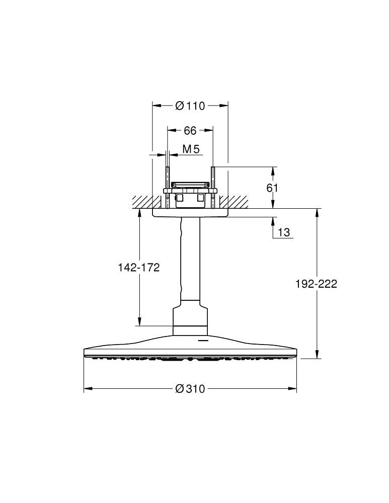 Grohe Rainshower Smartactive 310 Tepe Duşu Seti 142 Mm, 2 Akışlı Brushed Cool Sunrise - 26477GN0 teknik çizim