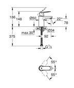 Grohe Lavabo Bataryası Eurosmart Cosmo S-Boyut Krom - 32824000 teknik çizim