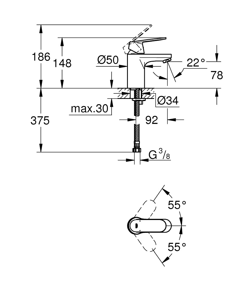 Grohe Lavabo Bataryası Eurosmart Cosmo S-Boyut Krom - 32824000 teknik çizim