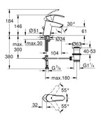 Grohe Lavabo Bataryası Eurosmart S-Boyut Krom - 33265002 teknik çizim