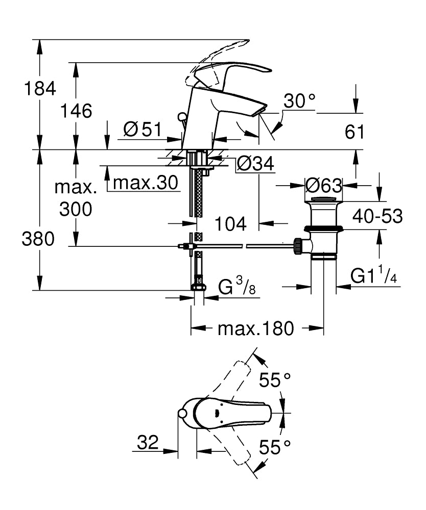 Grohe Lavabo Bataryası Eurosmart S-Boyut Krom - 33265002 teknik çizim