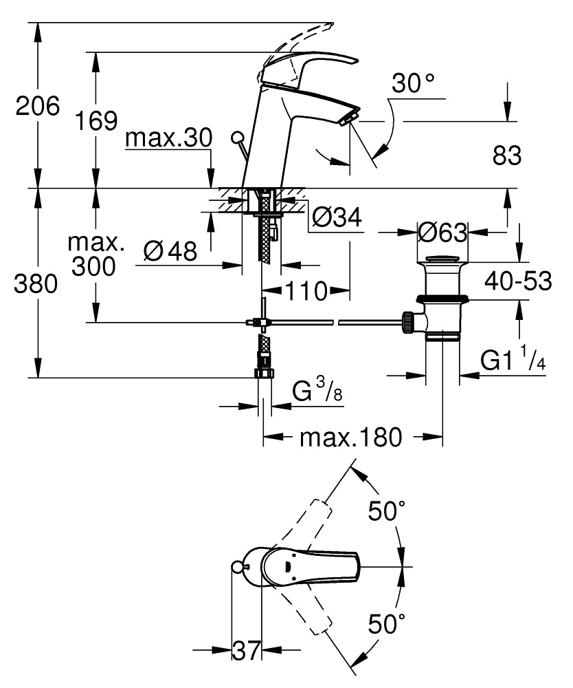 Grohe Lavabo Bataryası Eurosmart M-Boyut Krom - 23322001 teknik çizim