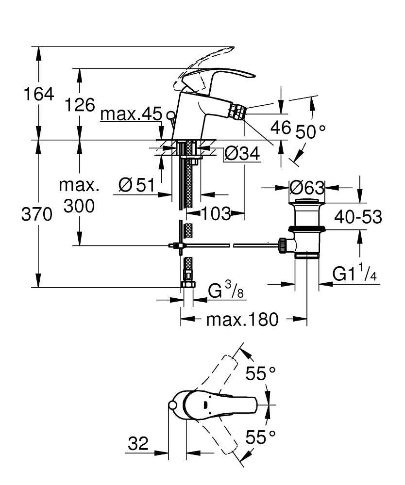 Grohe Eurosmart Tek Kumandalı Bide Bataryası S-Boyut - 32929002 teknik çizim