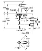 Grohe Lavabo Bataryası Eurodisc Cosmo S-Boyut Krom - 3319020E teknik çizim