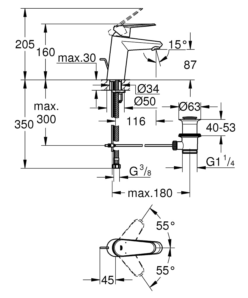 Grohe Lavabo Bataryası Eurodisc Cosmo S-Boyut Krom - 3319020E teknik çizim