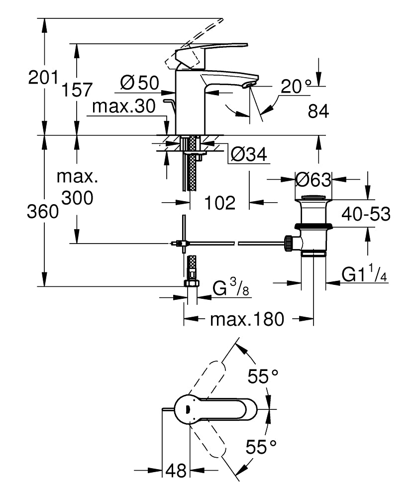 Grohe Lavabo Bataryası Eurostyle Cosmo S-Boyut Krom - 3355220E teknik çizim