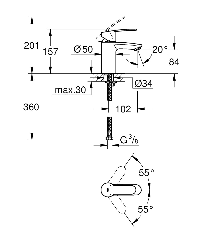 Grohe Lavabo Bataryası Eurostyle Cosmo S-Boyut Krom - 3246820E teknik çizim