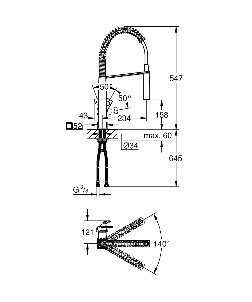 Grohe Eviye Bataryası Spiralli 2 Fonk. Prof. Eurocube Krom-31395000 teknik çizim