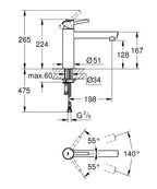 Grohe Eviye Bataryası Döner Borulu Concetto Krom- 31128001 teknik çizim