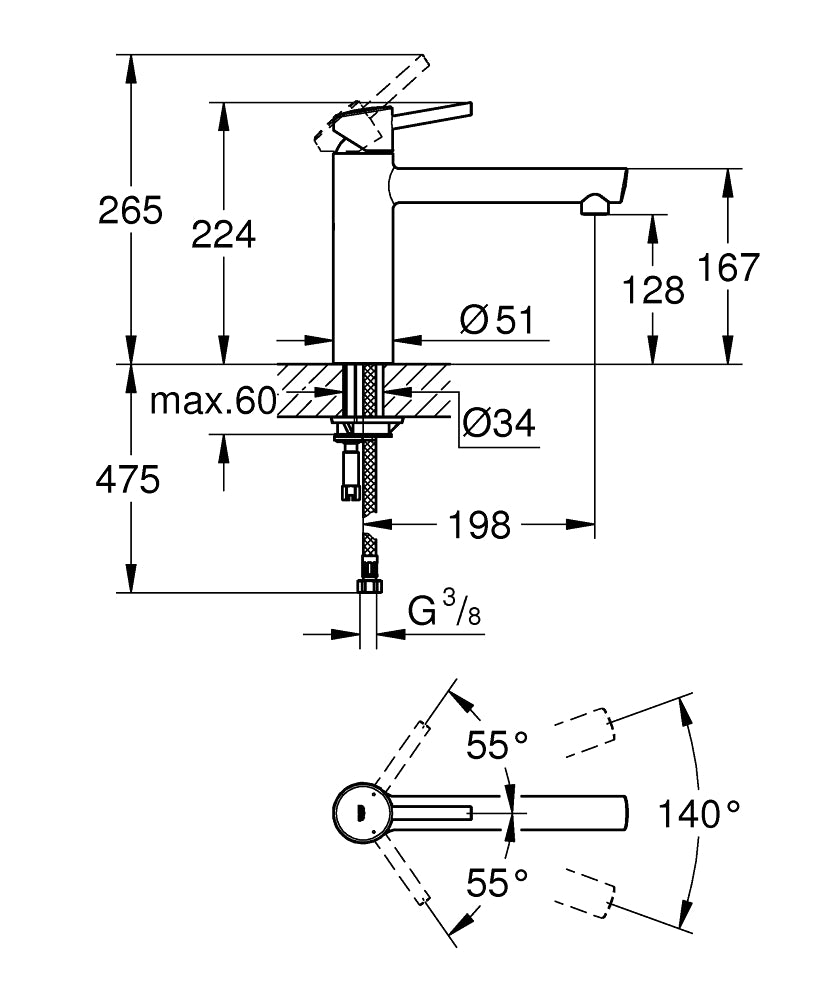 Grohe Eviye Bataryası Döner Borulu Concetto Krom- 31128001 teknik çizim