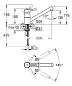 Grohe Eviye Bataryası Döner Borulu Concetto Krom - 32659001 teknik çizim