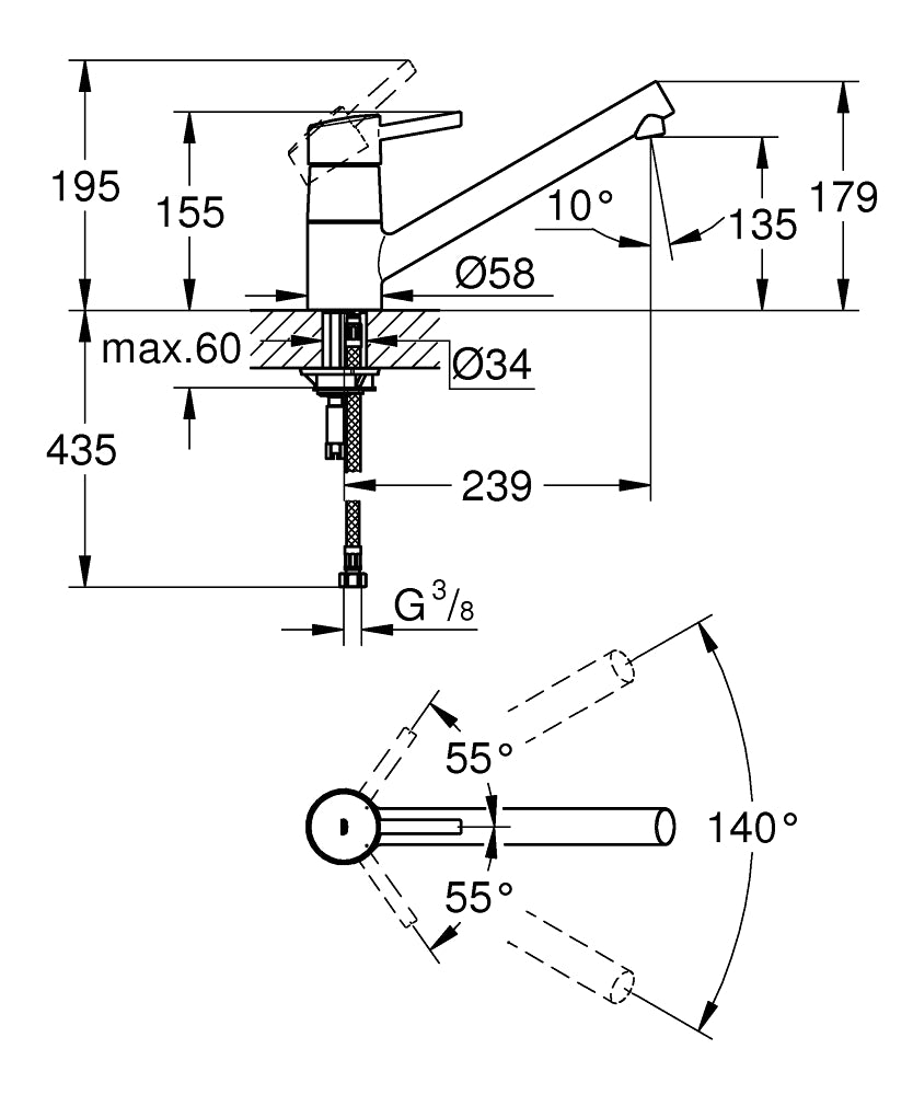 Grohe Eviye Bataryası Döner Borulu Concetto Krom - 32659001 teknik çizim