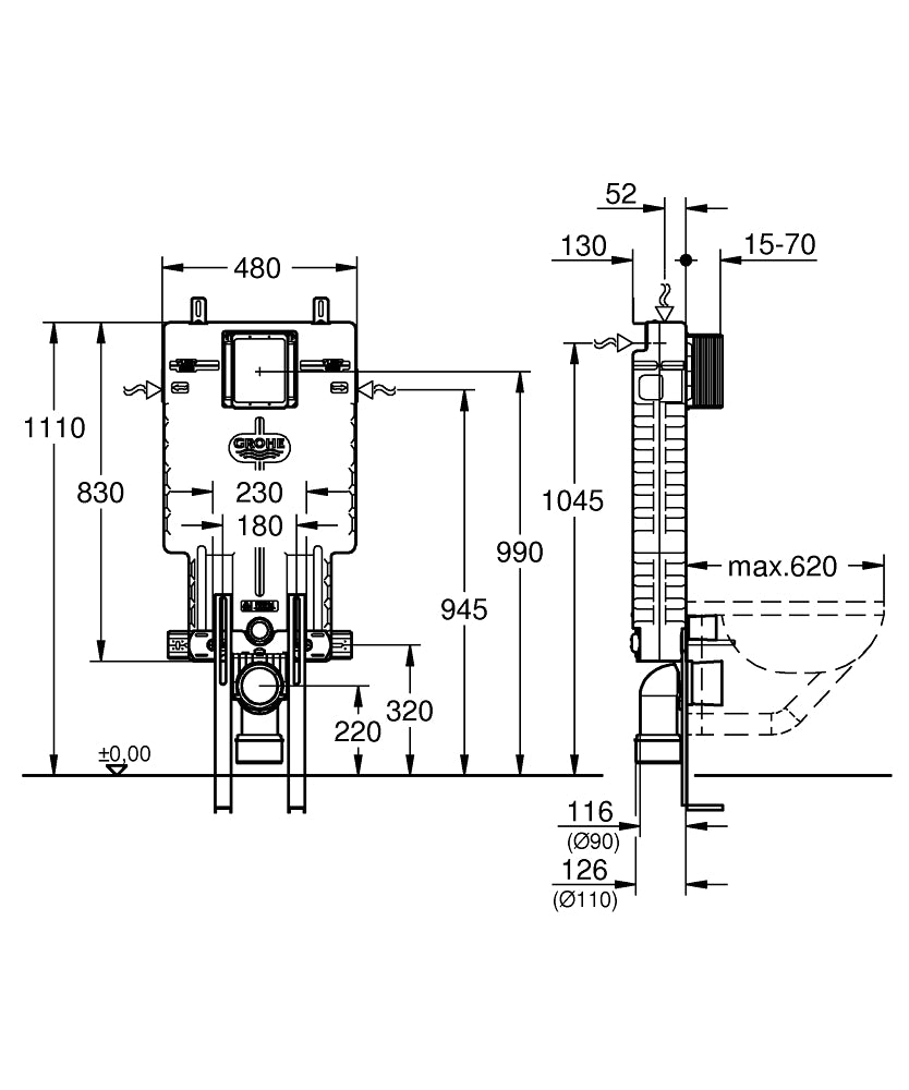 Grohe Uniset Gömme Rezervuar Pnömatik 13 cm - 38642001 teknik çizim