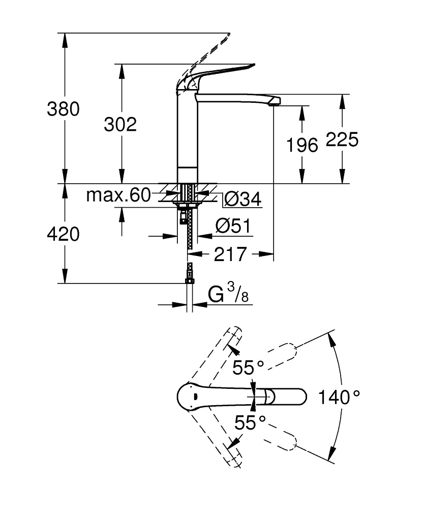 Grohe Euroeco SpecialLavabo bataryası 1/2" teknik çizim