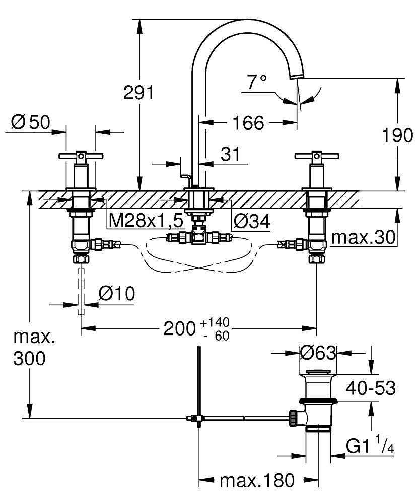 Grohe Atrio 3 Delikli Lavabo Bataryası L-Boyut - 20643000 teknik çizim