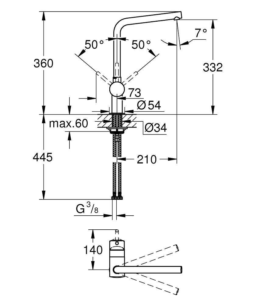 Grohe Eviye Bataryası Döner Borulu Minta Krom- 31375000 teknik çizim