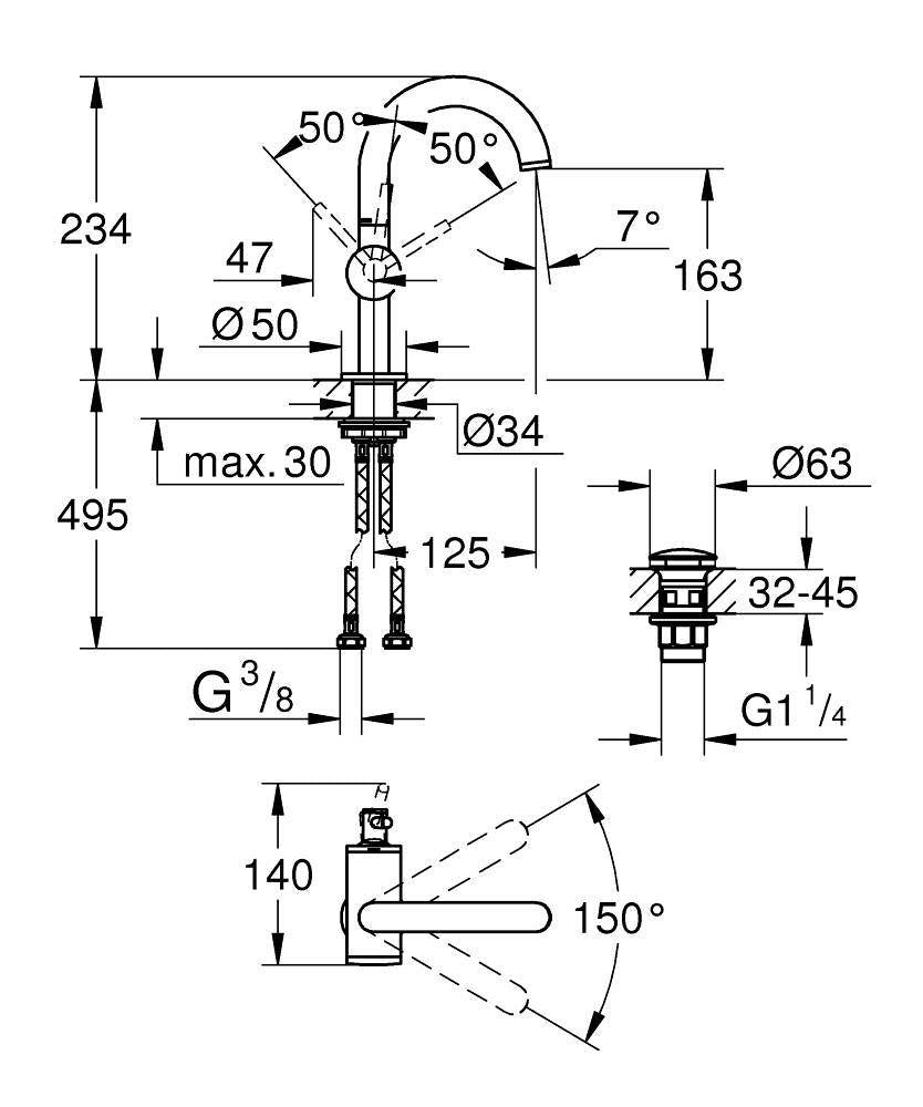 Grohe Lavabo Bataryası Atrio M Boyut - 24363000 teknik çizim