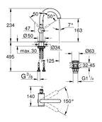 Grohe Lavabo Bataryası Atrio M Boyut Cool Sunrise - 24363GL0 teknik çizim