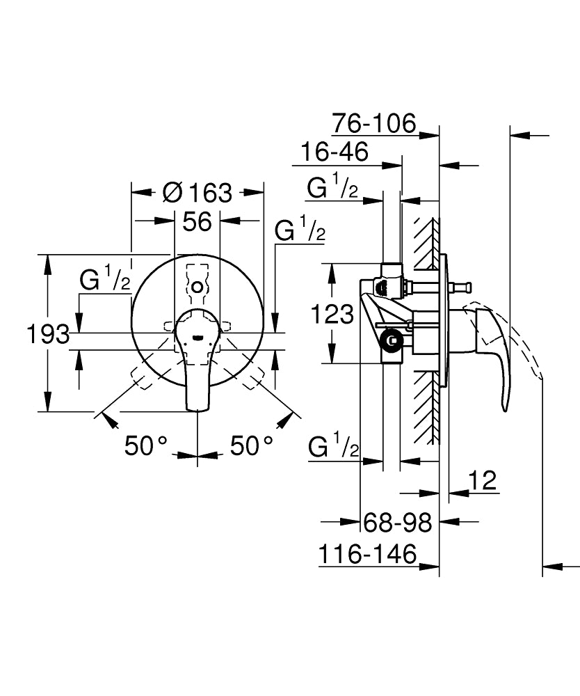Grohe Eurosmart Ankastre Banyo Bataryası Seti – 33305002 teknik çizim